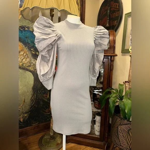Athina Dramatic Puff Sleeve Ribbed Knit Mini Dress - Minimalist Glam - Picture 4 of 16